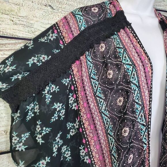 Vanity Women’s Boho Kimono Cardigan Size L Multicolor Print Open Front Sheer - Picture 2 of 8